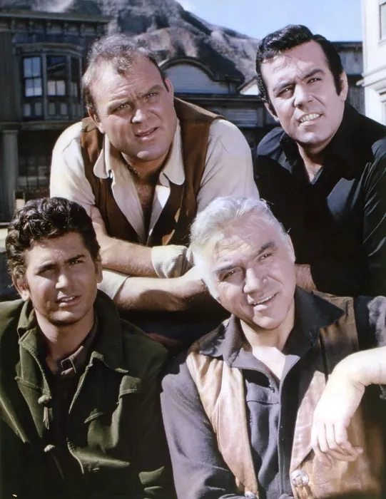 Framed Print : BONANZA, from left: Michael Landon, Dan Blocker, Lorne Greene, Pernell Roberts, (1963), 1959-1973