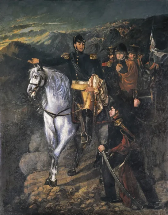 Framed Print : BONEO, Martin (1829-1915). General San Martin after crossing the Andes. 1865. Scene with Generals Jose de San Martin and Bernardo O'Higgins. Oil on canvas. ARGENTINA