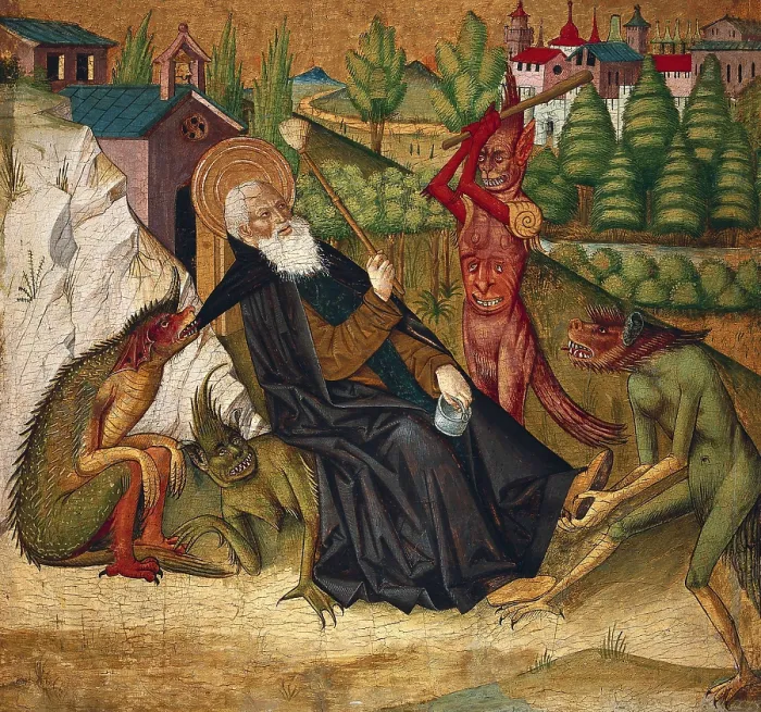 Framed Print : BONNAT, Master of (15th century). Tempations of Saint Anthony. 2nd half 15th c. Gothic art. Tempera on wood. SPAIN. Bilbao. Bilbao Fine Arts Museum