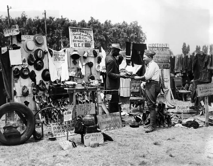Framed Print : Bonus Army entrepreneur. African American veteran from Detroit, Charles Wood, opened a store in Bonus City. His funny signs enlivened his tattered salvaged inventory Framed Print : Bonus Army entrepreneur. African American veteran from Detroit, Charles Wood, opened a store in Bonus City. His funny signs enlivened his tattered salvaged inventory