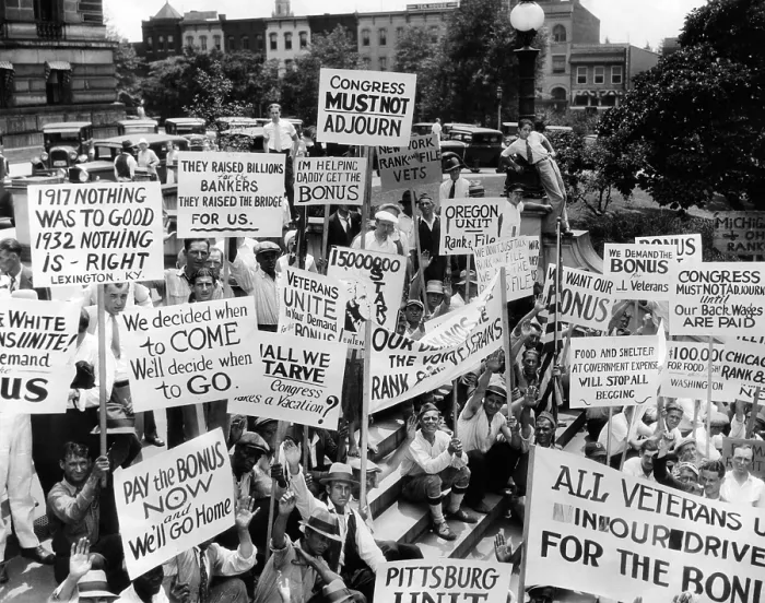 Framed Print : Bonus Army protest at the Library of Congress. Members of The Rank and File Group, a left wing group display a man y clear signs and banners. July 15, 1932