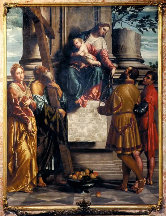 Framed Print : Bonvicino Alessandro known as Moretto da Brescia, Madonna with Child Enthroned and Sts Andrew, Eusebius, Dominic and Domnio, 1540, 16th Century, oil on canvas, Italy, Lombardy