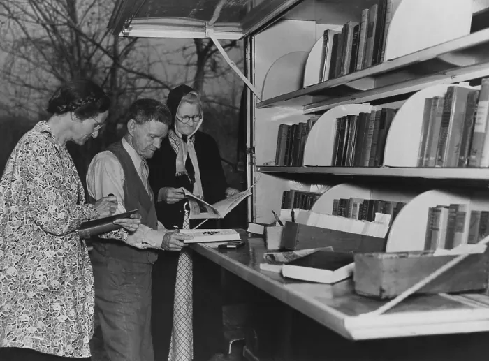 Framed Print : Book borrowers at WPA Library bookmobile, ca. 1930s. Location unknown. (BSLOC_2013_7_90) Framed Print : Book borrowers at WPA Library bookmobile, ca. 1930s. Location unknown. (BSLOC_2013_7_90)
