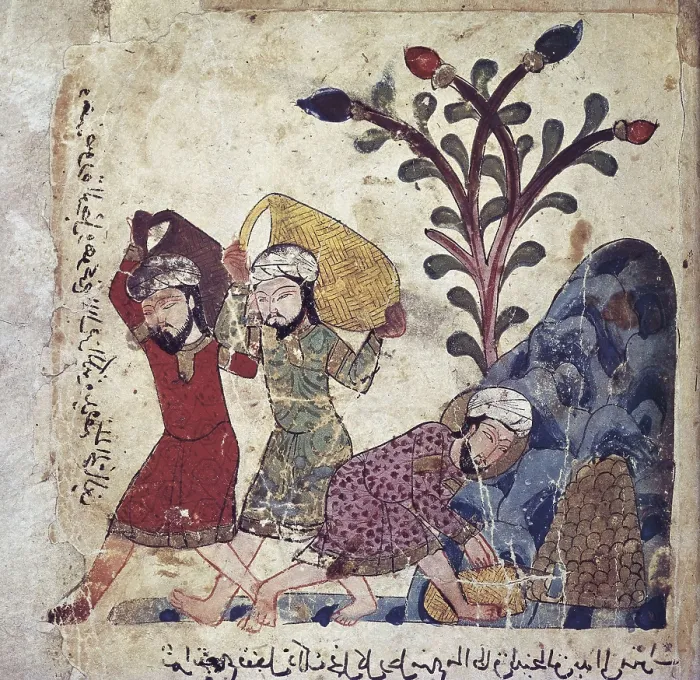 Framed Print : The Book of Calila and Dimna. Arabian translation by Ibn al-Muqaffa, civil servant of the Abassid court. Illustration with three neighboors at the fountain. Abbasid art