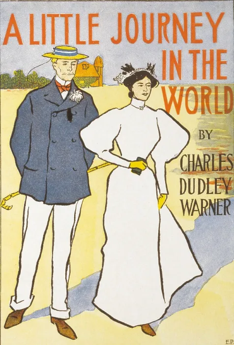 Framed Print : Book cover illustration for Charles Dudley Warner's (1829-1900), 1889 novel, A Little Journey into the World. Cover art by Edward Penfield (1866-1925)