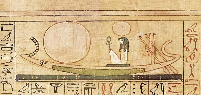 Framed Print : Book of the Dead or Papyrus of Any. ca. 1275 BC. 19th Dynasty. God Ra sailing acrooss the sky in his boat. Egyptian art. New Kingdom. Painting. UNITED KINGDOM. London