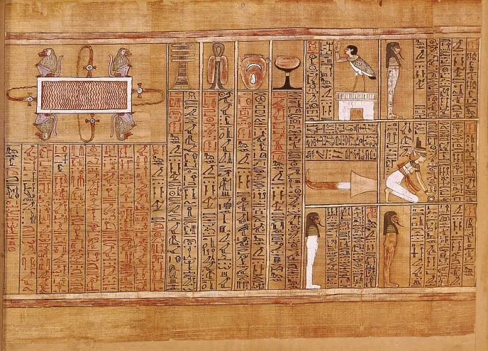 Framed Print : Book of the Dead or Papyrus of Any. ca. 1275 BC. 19th Dynasty. From left to right, the lake of fire, amulets and the protectors of the tomb. Egyptian art. New Kingdom. Painting