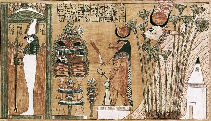 Framed Print : Book of the Dead or Papyrus of Any. ca. 1275 BC. 19th Dynasty. From left to right: God Sokaris; Goddess Hathor in hippopotamus-shaped; Hathor in cow-shaped; tomb of Ani Framed Print : Book of the Dead or Papyrus of Any. ca. 1275 BC. 19th Dynasty. From left to right: God Sokaris; Goddess Hathor in hippopotamus-shaped; Hathor in cow-shaped; tomb of Ani