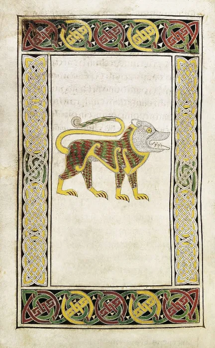Framed Print : Book of Durrow. ca. 675. The Lion, symbol of Saint Mark. Anglo-Irish art. Miniature Painting. IRELAND. Dublin. Trinity College Library. AISA / Everett Collection**US SALES ONLY**