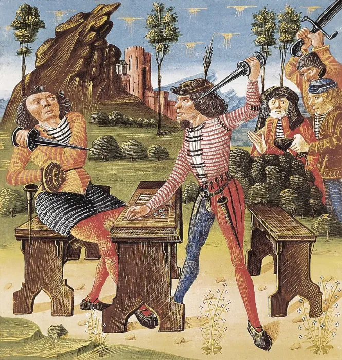 Framed Print : The Book of Good Morals by Jacques Le Grant (1464). Miniature of the Dice Game or The Argument. Gothic art. Miniature Painting. FRANCE. Chantilly. Muse Cond (Cond Museum)