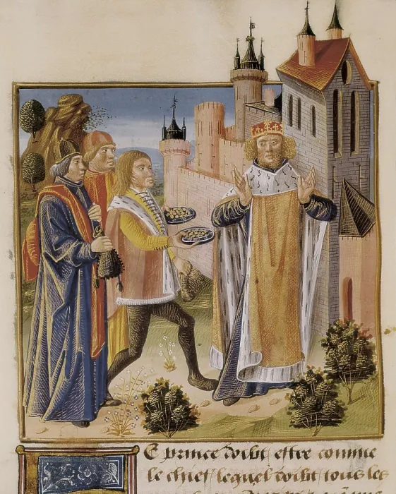 Framed Print : The Book of Good Morals by Jacques Le Grant (1464). Miniature of the Prince receiving taxes from his subjects. Gothic art. Miniature Painting. FRANCE. Chantilly