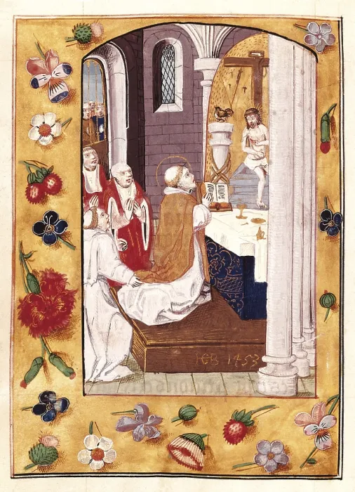 Framed Print : Book of Hours. 15th c. Fol. 152v. Mass of St Gregory. Work known as 'Hours of the Queen of Sweden'. Illuminations of the school of Bruges