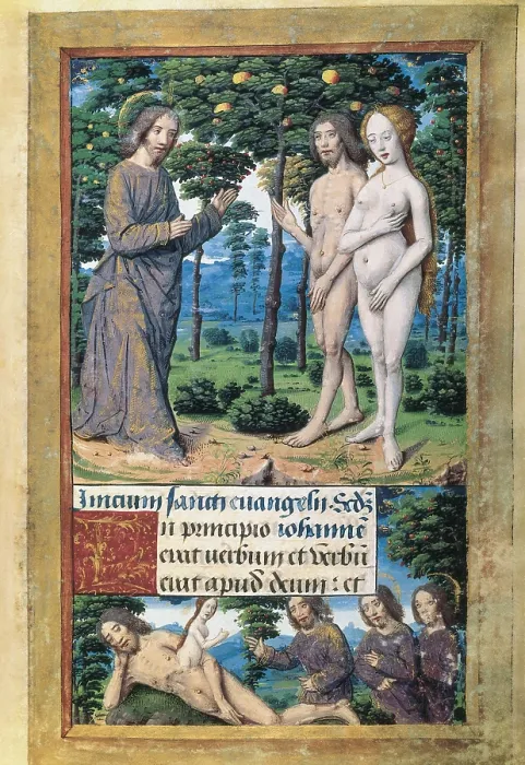 Framed Print : Book of Hours for Charles V. 16th c. The Creation of Adam and Eve and Eve in the Paradise. French School. Renaissance art. Miniature Painting. SPAIN. Madrid. National Library