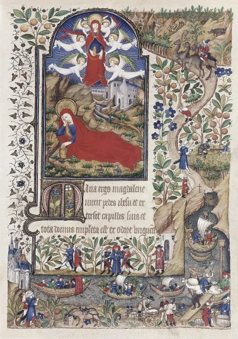 Framed Print : Book of Hours of Marguerite d'Orleans. ca. 1430. Fol. 174. Mary Magdalene. Margin miniatures with Journey to the Country of Prester John. Gothic art. Miniature Painting Framed Print : Book of Hours of Marguerite d'Orleans. ca. 1430. Fol. 174. Mary Magdalene. Margin miniatures with Journey to the Country of Prester John. Gothic art. Miniature Painting
