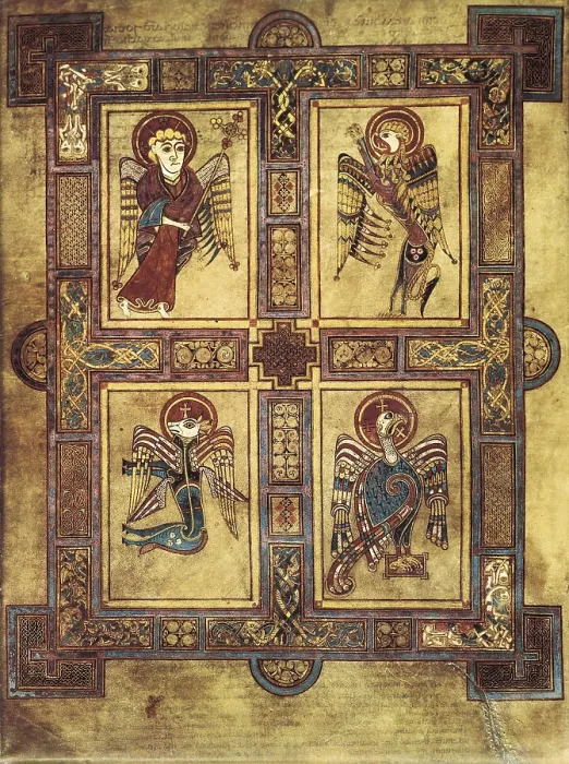 Framed Print : Book of Kells. 8th-9th c. Fol.27v. Introduction of Saint Mathew's Gospel with the symbol of the Four Evangelists. Celtic art. ; Anglo-Irish art. Miniature Painting. IRELAND