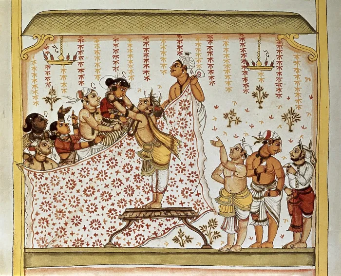 Framed Print : Book of the Moghul. Ms. 8300. 17th c. Wedding ceremony. The groom gives the bride a gold necklace. Hindu art. Miniature Painting. ITALY. Venice. Biblioteca nazionale marciana (St)
