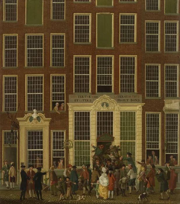 Framed Print : The Bookshop and Lottery Agency of Jan de Groot in the Kalverstraat in Amsterdam, by Isaac Ouwater, 1779, Dutch painting, oil on canvas