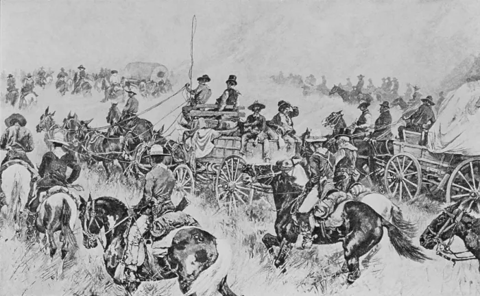 Framed Print : Boomers racing to stake claims on 160 acre of free government land in Oklahoma Territory