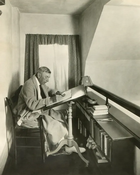Framed Print : Booth Tarkington writing in his bathroom in Kennebunkport, Maine, c. 1930. The novelist was at the height of his fame and success from 1910 to 1930