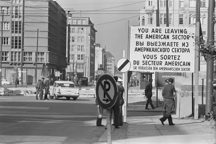 Framed Print : Border checkpoint in West Berlin, with sign You are leaving the American Sector in four languages. October 1961