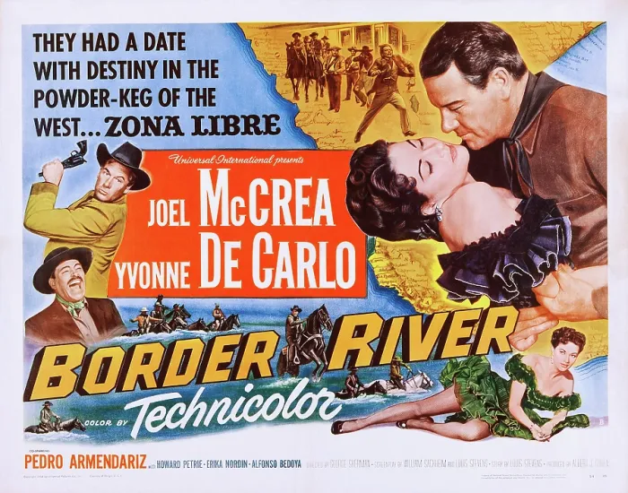 Framed Print : BORDER RIVER, US poster, far right: Yvonne De Carlo, Joel McCrea, Pedro Armendariz (bottom left laughing), Erika Nordin (bottom right), 1954 Framed Print : BORDER RIVER, US poster, far right: Yvonne De Carlo, Joel McCrea, Pedro Armendariz (bottom left laughing), Erika Nordin (bottom right), 1954