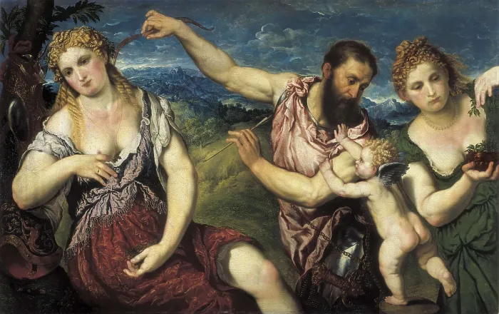 Framed Print : BORDONE, Paris (1500-1571). Paris Disarmed by Love between Venus and Flora. ca. 1560. Renaissance art. Cinquecento. Oil on canvas. AUSTRIA. Vienna