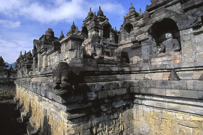Framed Print : Borobudur Temple. 9th c. INDONESIA. CENTRAL JAVA. Borobudur. Temple walls decorated with friezes, statues and gargoyles (makara). Eastern Art. Sculpture; Architecture