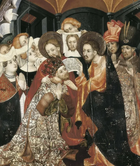 Framed Print : BORRASSA, Llus (1360-1425). Altarpiece of Franciscan Advocation, from the Convent of Santa Clara. 1414-1415. Detail of the representation of the recovery of king Agbar V
