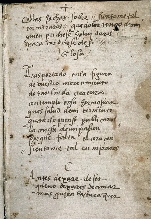 Framed Print : BOSCAN Y ALMOGAVER, Juan (1495-1542). Spanish Renaissance poet. Hand-written page of one of his octosyllabic poems: 'Coplas hechas sobre...' (Stanzas based on...). - J