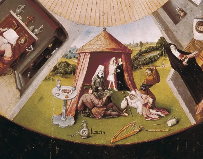 Framed Print : Bosch, Hieronymus Van Aeken, called (1450-1516). Table of the Seven Deadly Sins. 1475 - 1480. Detail of the lust. Flemish art. Oil on wood. SPAIN. Madrid. Prado Museum