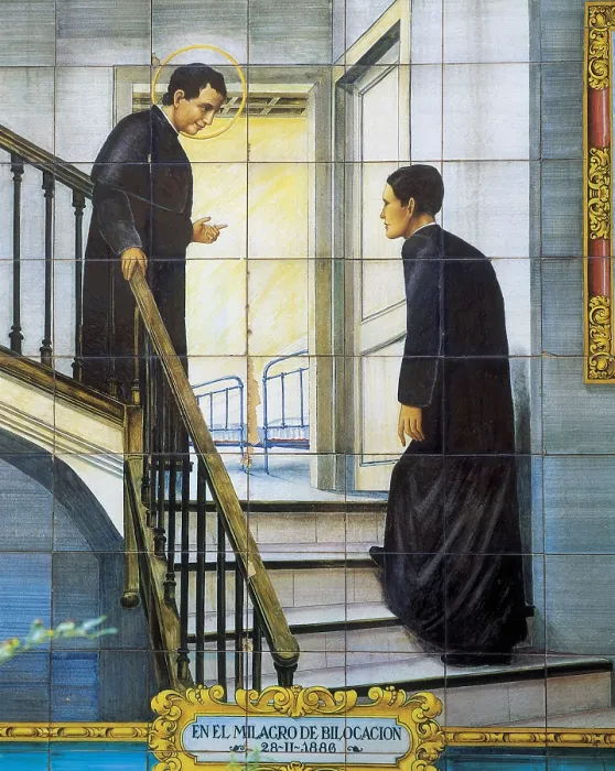 Framed Print : Bosco, Saint John (1815-1888). Italian priest and educator. Glazed tile pannel depicting the miracle of bilocation. Ceramics