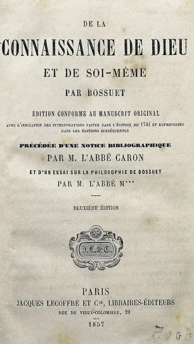 Framed Print : BOSSUET, Jacques-Bnigne (1627-1704). Front page of the 'Treatise on the Knowledge of God and of Oneself', written by Bossuet. Paris edition of 1857