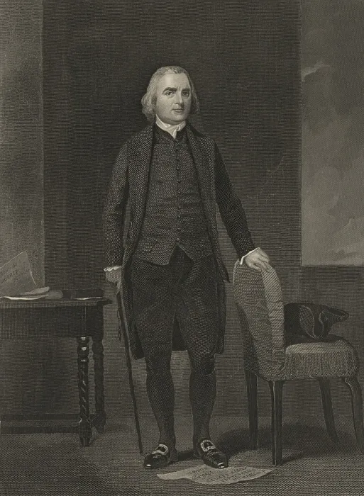 Framed Print : Boston patriot Samuel Adams stands on a paper inscribed with Gen. Gage, Except Rebels, Sam Adams, and Hancock
