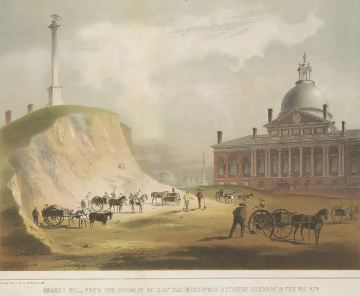 Framed Print : Boston's Beacon Hill in 1811, was drawn made on the spot by John Rubans Smith. Laborers excavate to reduce the hill's height