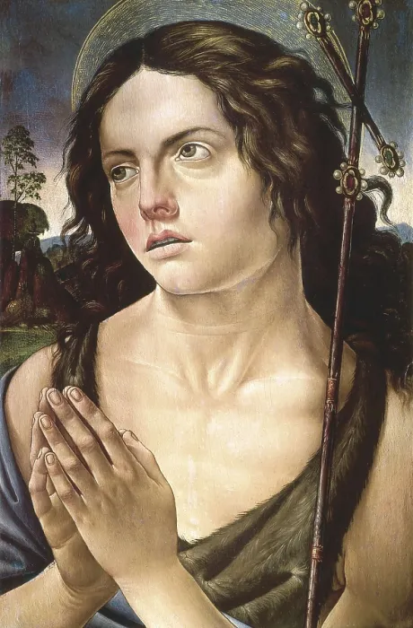 Framed Print : BOTTICELLI, Alessandro di Mariano dei Filipepi, also called Sandro (1445-1510). Saint John the Baptist. ca. 1485. Renaissance art. Quattrocento. Oil. SPAIN. Barcelona Framed Print : BOTTICELLI, Alessandro di Mariano dei Filipepi, also called Sandro (1445-1510). Saint John the Baptist. ca. 1485. Renaissance art. Quattrocento. Oil. SPAIN. Barcelona