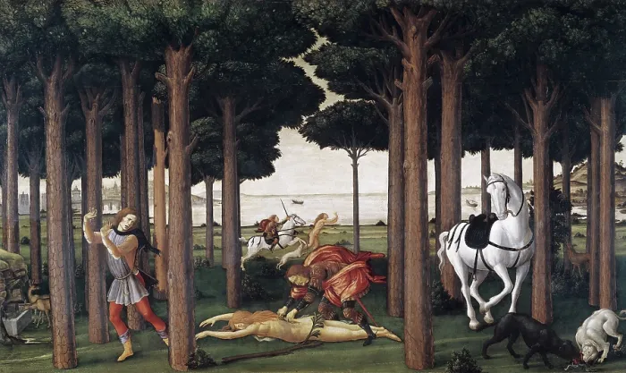 Framed Print : BOTTICELLI, Alessandro di Mariano dei Filipepi, also called Sandro (1445-1510). The Story of Nastagio degli Onesti: The Disembowelment of the Woman Pursued. 1468 Framed Print : BOTTICELLI, Alessandro di Mariano dei Filipepi, also called Sandro (1445-1510). The Story of Nastagio degli Onesti: The Disembowelment of the Woman Pursued. 1468