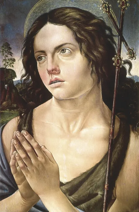 Framed Print : BOTTICELLI, Alessandro di Mariano dei Filipepi, also called Sandro (1445-1510). Saint John the Baptist. ca. 1485. Renaissance art. Quattrocento. Oil. SPAIN. Barcelona