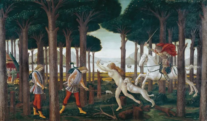Framed Print : BOTTICELLI, Alessandro di Mariano dei Filipepi, also called Sandro (1445-1510). The Story of Nastagio degli Onesti: Nastagio's Vision of the Ghostly Pursuit in the Forest