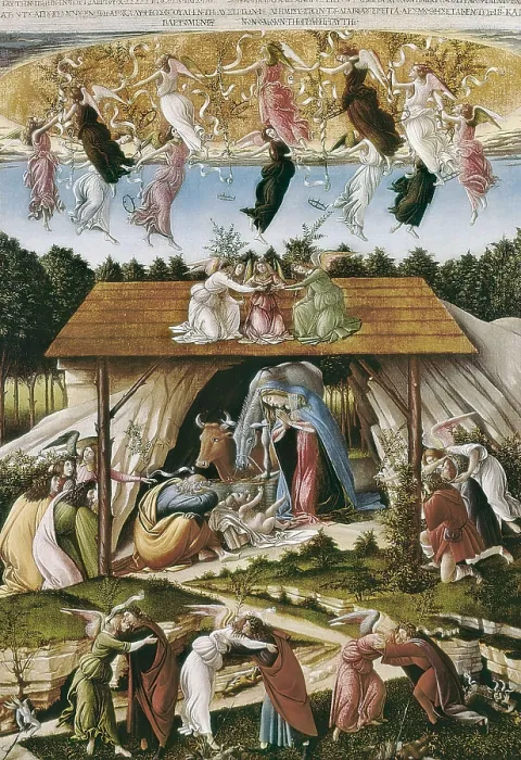 Framed Print : BOTTICELLI, Alessandro di Mariano dei Filipepi, also called Sandro (1445-1510). Mystic Nativity. 1500. Renaissance art. Quattrocento. Oil on canvas. UNITED KINGDOM. London Framed Print : BOTTICELLI, Alessandro di Mariano dei Filipepi, also called Sandro (1445-1510). Mystic Nativity. 1500. Renaissance art. Quattrocento. Oil on canvas. UNITED KINGDOM. London