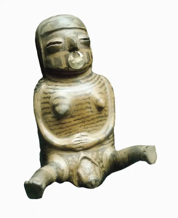 Framed Print : Bottle with female form and gold nose ring. Childbirth scene. Viru Culture of the Chicama and Viru, Peru, 3rd c. A.D. Pre-Columbian art. Ceramics. PERU. Lima