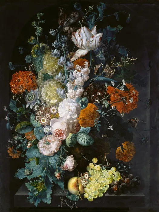 Framed Print : BOUQUET OF FLOWERS IN A CRYSTAL VASE, by Nicolaes van Veerendael, 1662, Flemish oil painting. Variety of blooming flowers arranged in a vase within a black stone niche Framed Print : BOUQUET OF FLOWERS IN A CRYSTAL VASE, by Nicolaes van Veerendael, 1662, Flemish oil painting. Variety of blooming flowers arranged in a vase within a black stone niche
