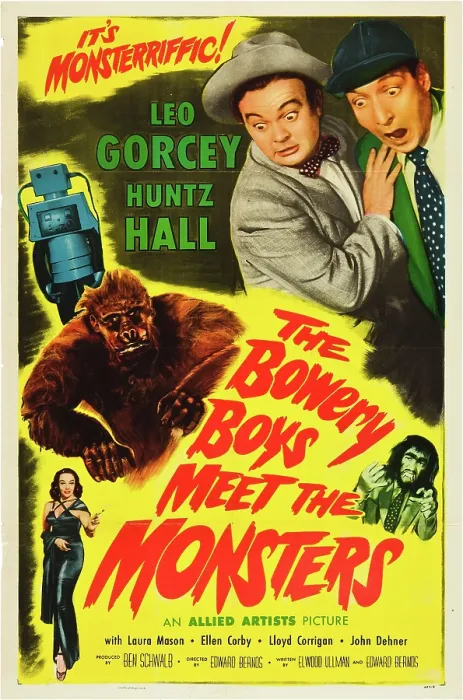 Framed Print : THE BOWERY BOYS MEET THE MONSTERS, top l-r: Norman Bishop (Robot), Leo Gorcey, Huntz Hall, center: Steve Calvert (gorilla), bottom l-r: Laura Mason on poster art, 1954