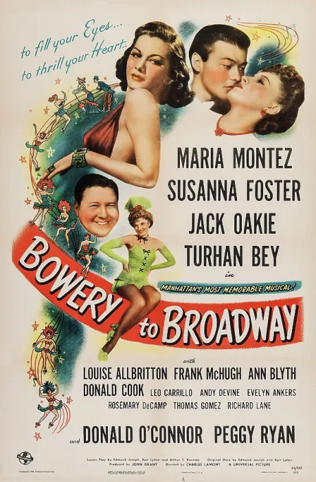 Framed Print : BOWERY TO BROADWAY, top l-r: Maria Montez, Turhan Bey, center: Jack Oakie, bottom: Susanna Foster on poster art, 1944 Framed Print : BOWERY TO BROADWAY, top l-r: Maria Montez, Turhan Bey, center: Jack Oakie, bottom: Susanna Foster on poster art, 1944