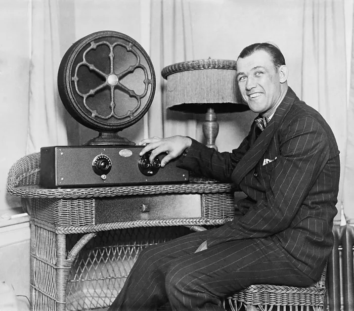 Framed Print : Boxer Jack Sharkey at a radio with external speaker, ca. 1925-28. (BSLOC_2015_17_81) Framed Print : Boxer Jack Sharkey at a radio with external speaker, ca. 1925-28. (BSLOC_2015_17_81)