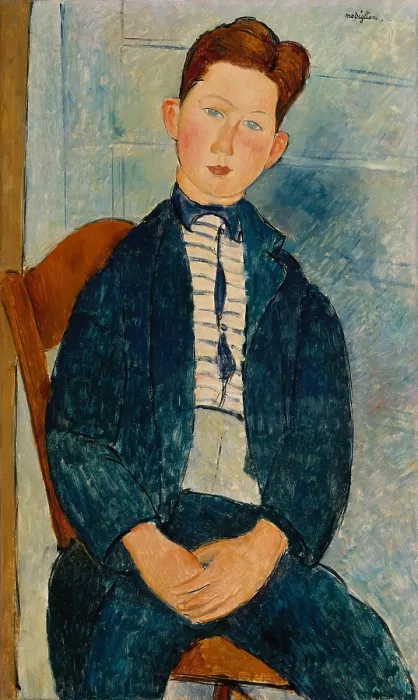 Framed Print : BOY IN A STRIPED SWEATER, by Amedeo Modigliani, 1918, Italian modernist painting, oil on canvas