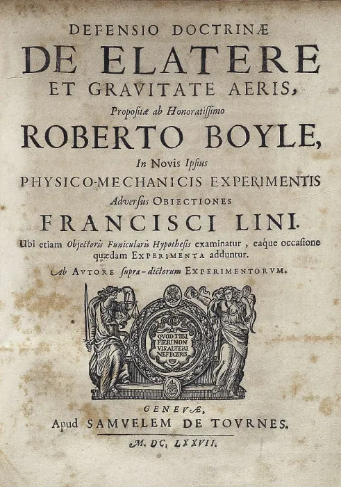 Framed Print : BOYLE, Robert (1627-1691). Frontispiece from 'Defensio doctrinae de elatere et gravitate aeris', Robert Boyle's work. Edition published in Genoa in 1677. SPAIN