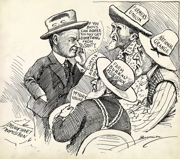 Framed Print : If you boys can agree you may get something from Santy. Cartoon shows President Calvin Coolidge talking to three farmers labeled Farmers Union