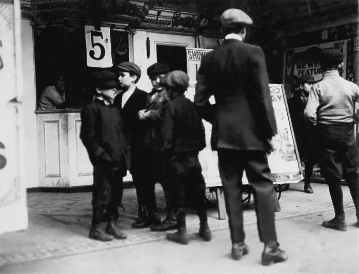 Framed Print : Boys of all ages going to the movies and defying state school laws, 2:30 pm, Jersey City, New Jersey, photograph by Lewis Wickes Hine, November, 1912