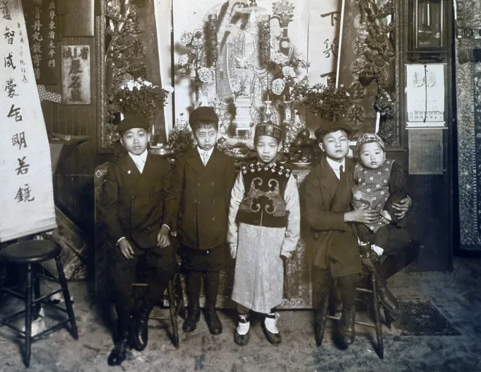 Framed Print : Five boys at New Year's celebration, Chinatown, New York City, Jan 30, 1911