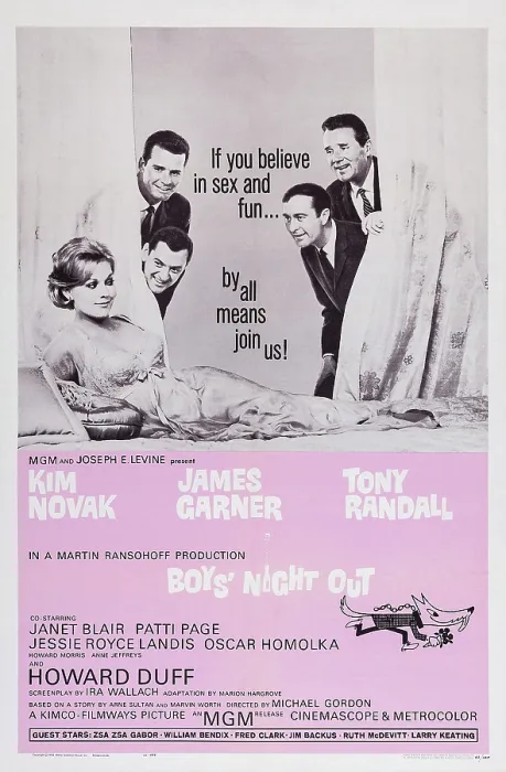 Framed Print : BOYS NIGHT OUT, US poster art, Kim Novak (front), top from left: James Garner, Howard Duff, center from right: Tony Randall, Howard Morris, 1962